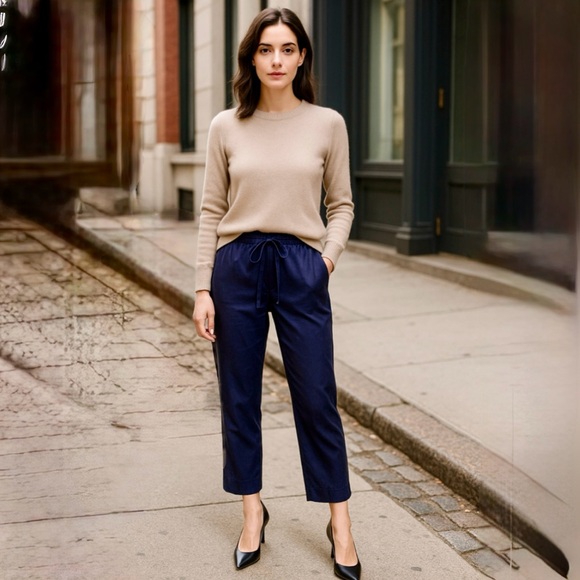 Theory Silk Pajama Navy Drawstring Cropped Ankle Pull-On Pull On Pants Sz M💛 - Picture 1 of 11